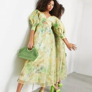ASOS EDITION organza blouson sleeve midi dress in yellow floral print